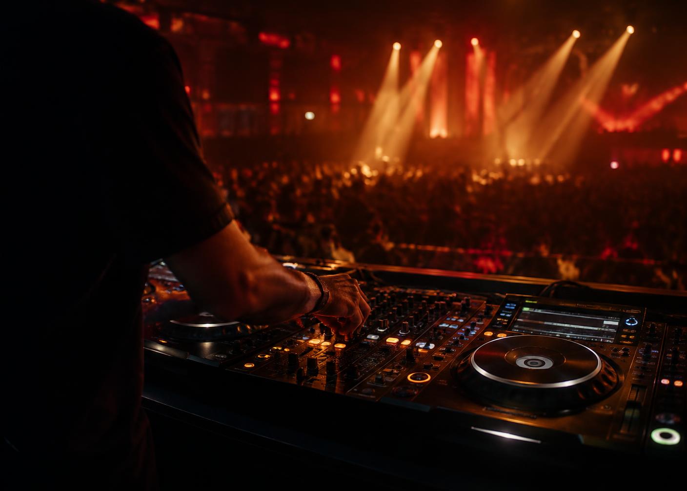DJ working at a mixing console during a live event